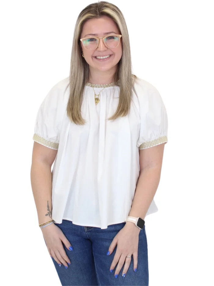 Embroidered Trim and Bow Detail Top – White