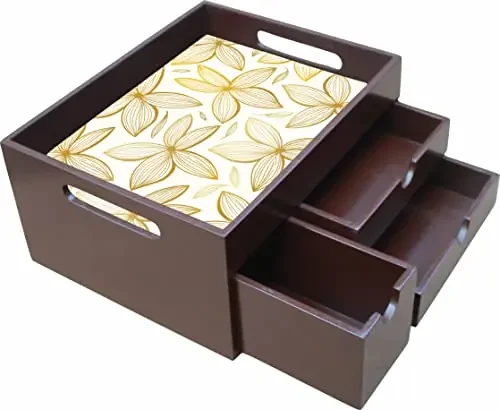 Enigmatic Woodworks Wooden Serving Tray with Multi Drawers I Sturdy Tea Breakfast Kitchen Bedroom Platter with Handle I Spoon Knife Fork Napkin Tea Sugar Milk Sachets I Size 10âX8âX5â I Brown-YF