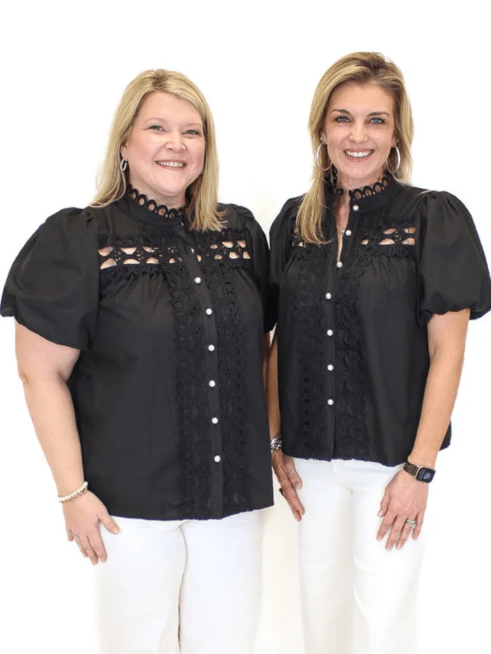 Eyelet Pearl Button Down Top – Black