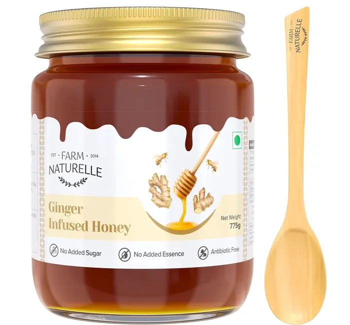 Farm Naturelle-Real Ginger Infused Forest Honey 100% Pure, Raw Natural – Un-processed – Un-heated Honey Lab Tested Clove Honey In Glass Bottle-Ginger Honey 700GM+75gm Extra and a Wooden Spoon