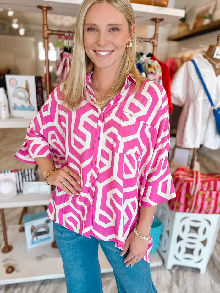 Favored in Pink Geometric Button Top