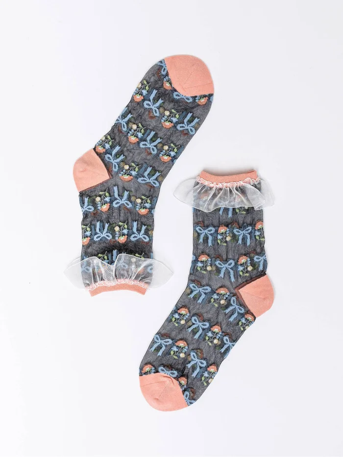 Floral Bow Ruffle Black Sheer Ankle Sock