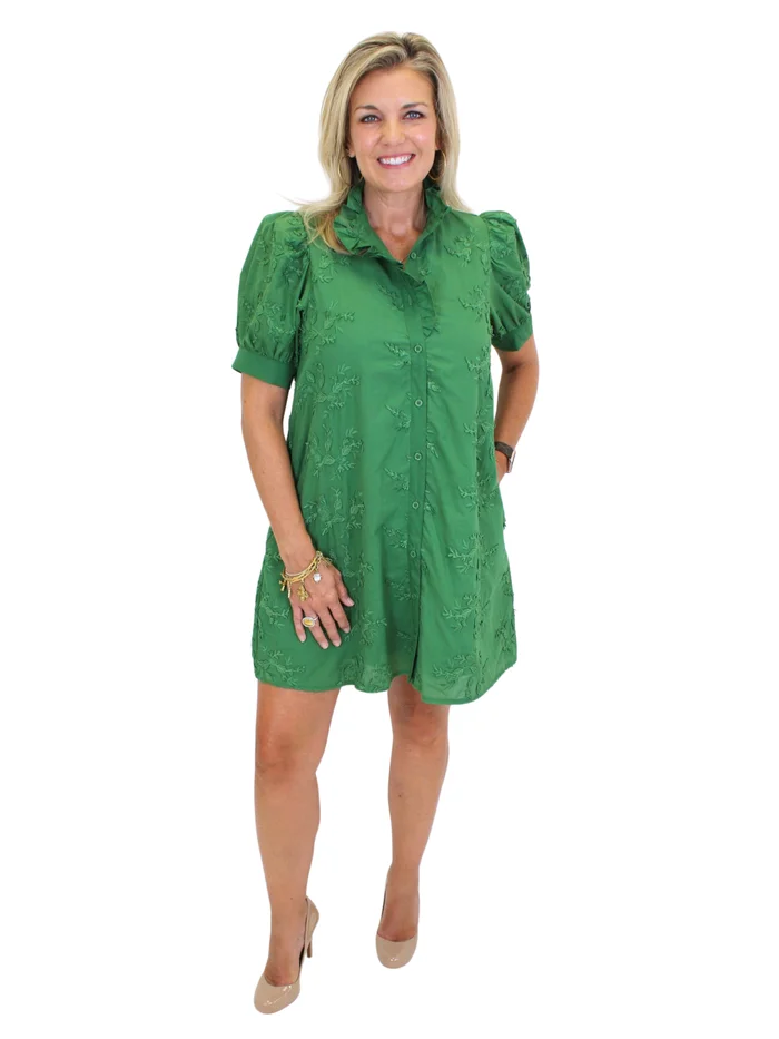 Floral Embroidered Button Down Dress – Forest