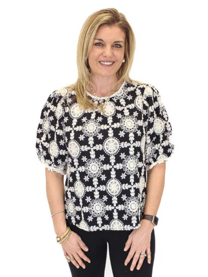 Floral Eyelet Fringe Trimmed Top – Black