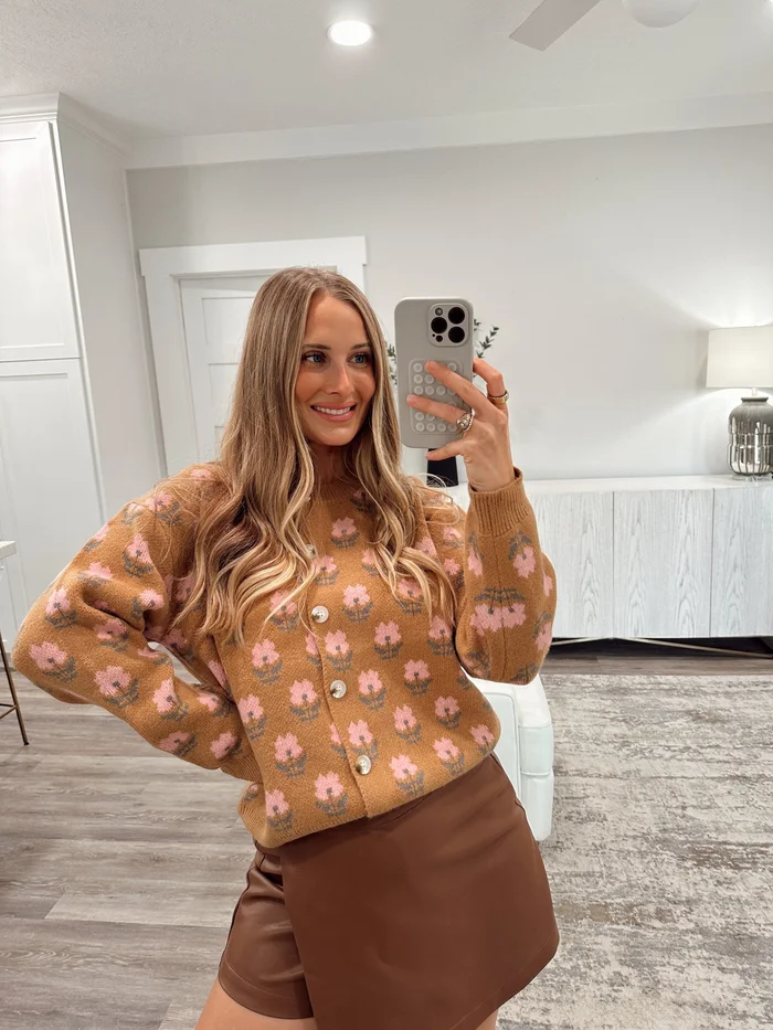 Floral Jacquard Cardigan – Mocha/Pink