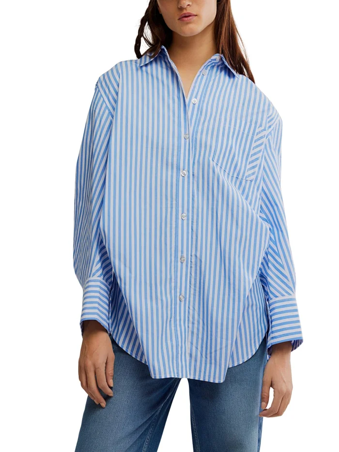 Free People Sabine Tailored Stripe Shirt – Oxford Blue Stripe