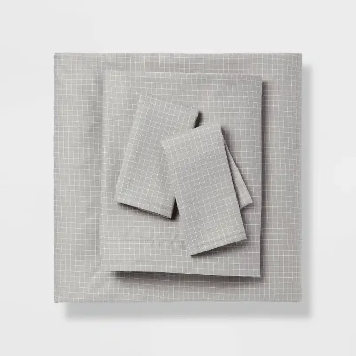 Full Cotton Blend Sateen Sheet Set Gray Micro Grid – Room Essentials™