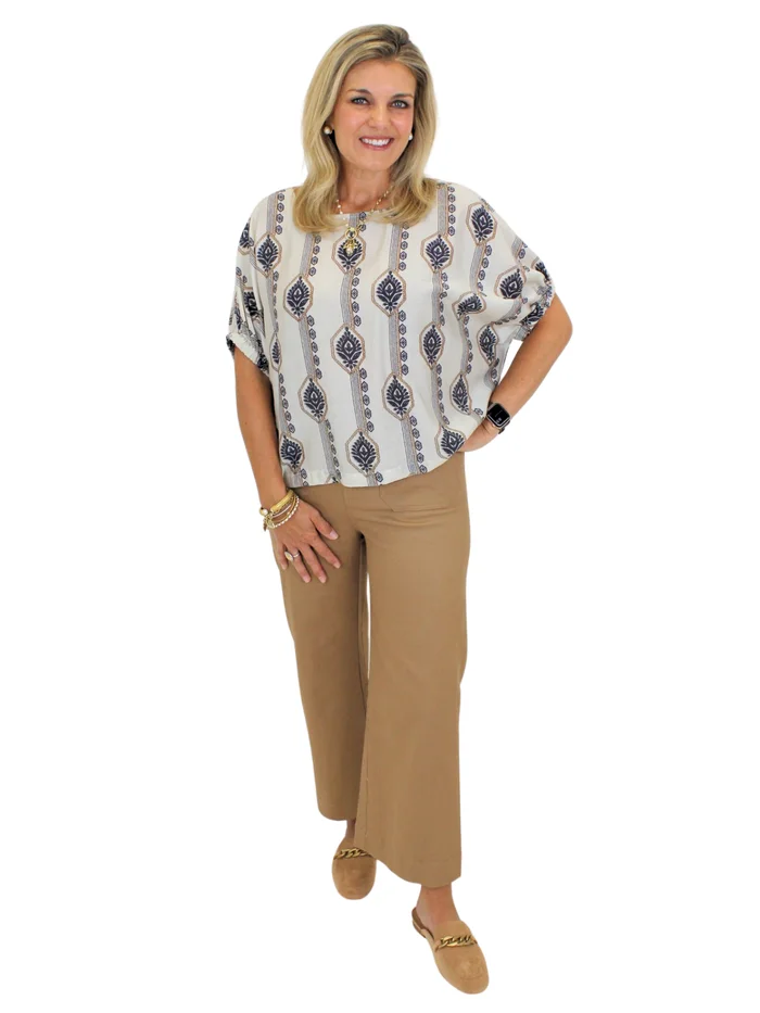 Geometric Floral Blouse – Ivory/Midnight Blue