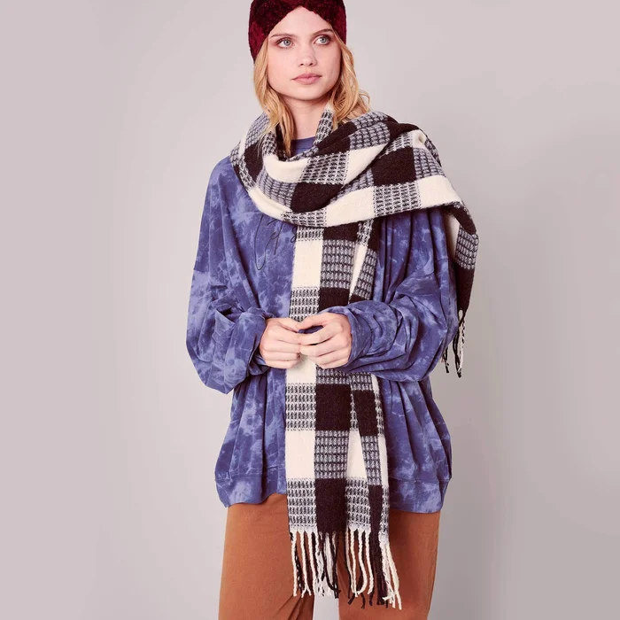 Gingham Checker Soft Scarf with Fringe.