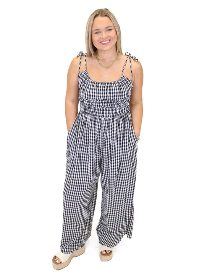 Gingham Open Back Jumpsuit – Black/White
