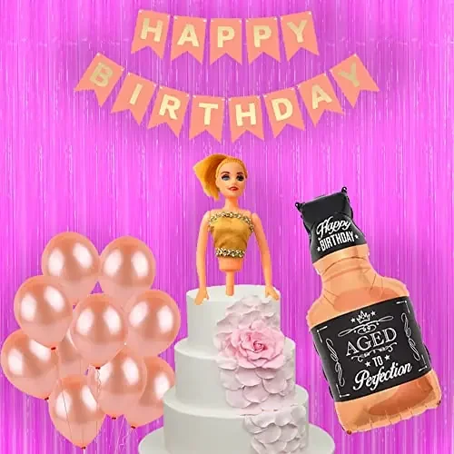 Girl Birthday Decoration Set with Doll Cake TopperBannerPink CurtainAged to Perfecion Bottle and Latex Balloon for 1st 2nd 3rd 4th 5th Birthday Decor