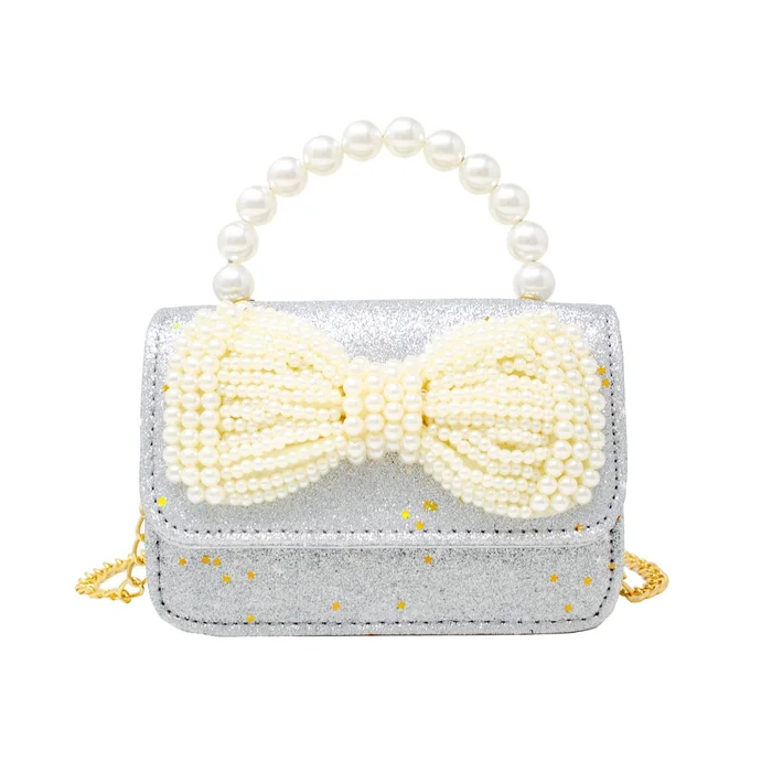 Glitter Pearl Handle Bow Handbag- Silver