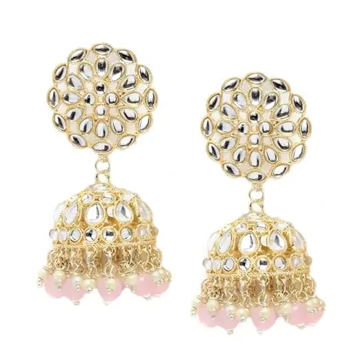 Gold-ColorKundan & Pearls studded Flower Shaped Vilandi Jhumka Earrings