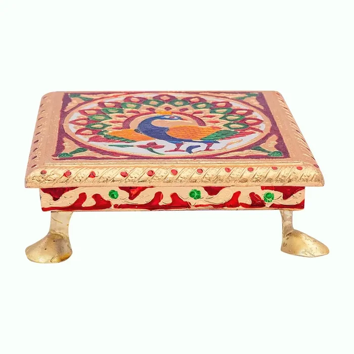 Golden meenakari Wooden Pooja bajot chowki chaurang All Purpose chowki Peacock Design for Pooja ghar Gold(6‘‘ X 6‘‘) (CHOWKI 602 A)