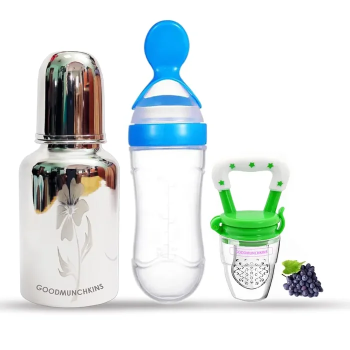GOODMUNCHKINS Stainless Steel Feeding Bottle Food Feeder & Fruit Feeder for Baby/Infants-304 SS-No Joints-Anti Colic Silicon Nipple-Food Grade Silicon Feeder BPA Free Pack 3 (Blue-Green 300)