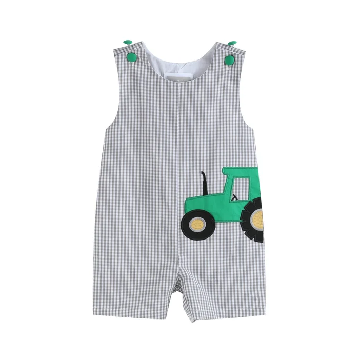 Gray Gingham Green Tractor Applique Shortalls: 18-24M