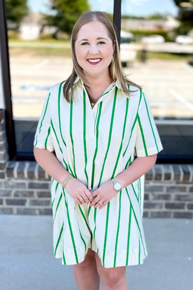 GREEN & CREAM STRIPE COLLAR DRESS