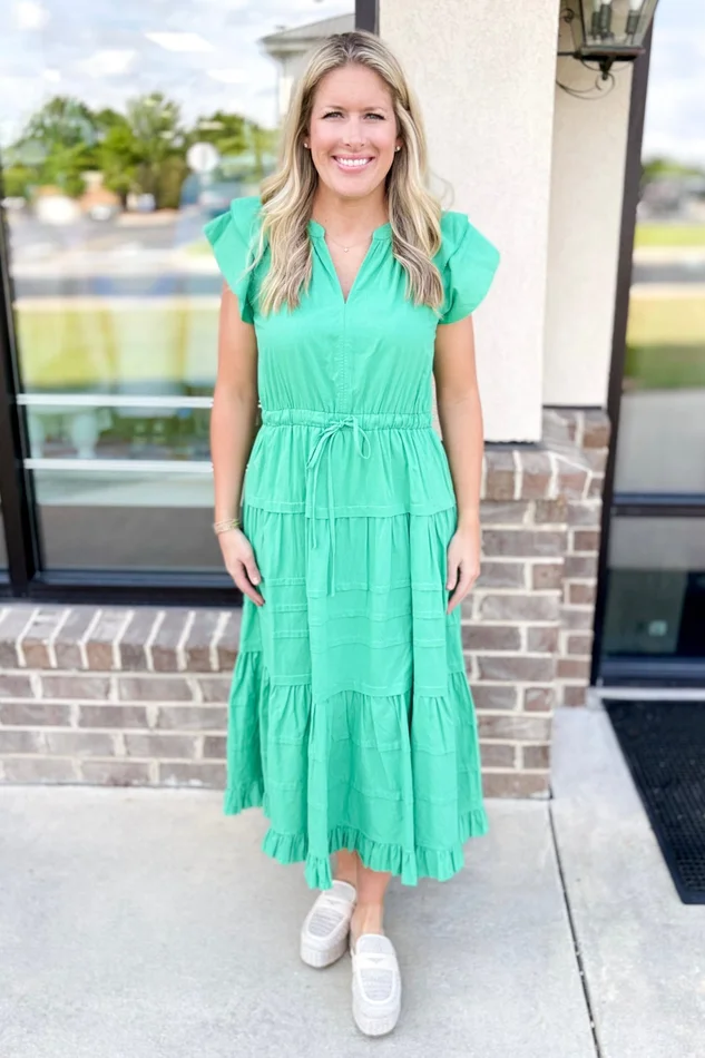 GREEN DRAWSTRING WAIST TIERED MAXI DRESS
