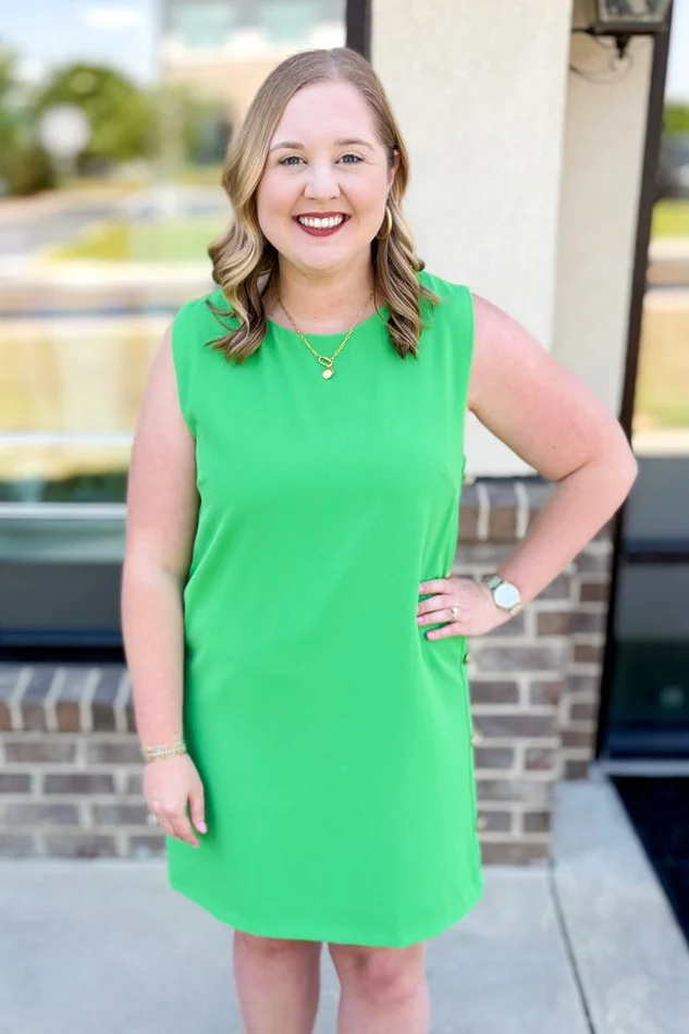 GREEN SLEEVELESS GOLD SIDE BUTTON DRESS