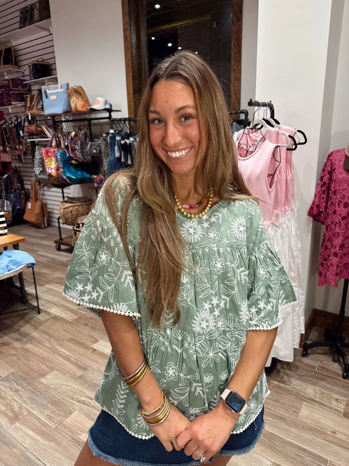Green Tiered Embroidered Top (S)