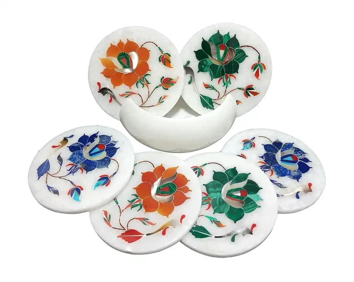 Handcrafted Marble Inlay Coaster Set Perfect Choice to Protect Your Table. (Size – 4 x 4 inch Round)
