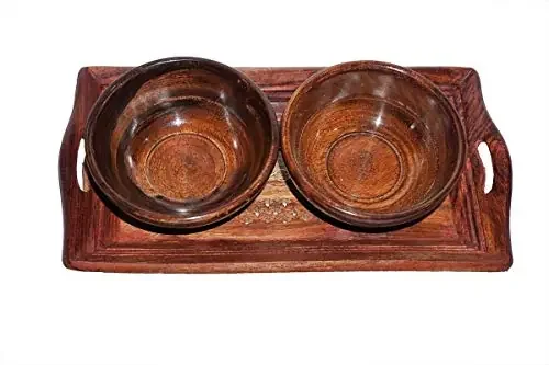 Handicrafts Designed Brown 1 Tray with 2 Bowls Wood Carvings