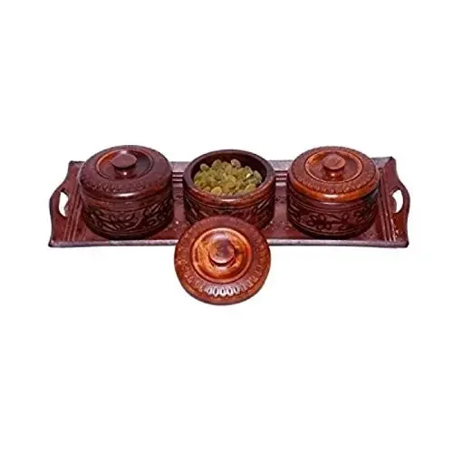 Handicrafts Designed Brown 1 Tray with 3 Bowls Wood Carvings