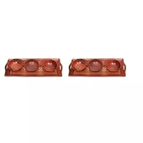Handicrafts Designed Brown 2 Tray with 6 Bowls Wood Carvings