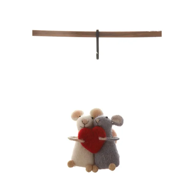 Handmade Felt Mice with Heart Ornament