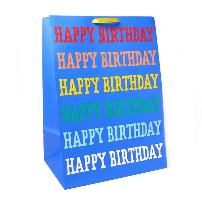 ‘Happy Birthday‘ Rainbow Verbiage on Colossal Gift Bag Blue – Spritz™ Giant XL Typography Party Bag