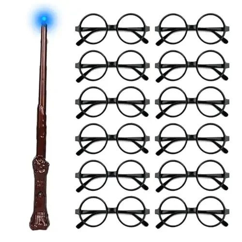 Harry Potter Accessories Set Costume Wand and 12Pcs Glasses Kit Black & Green Childrens Size