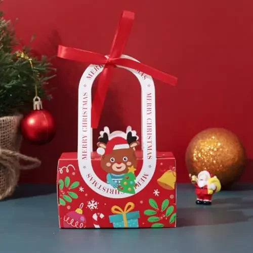 HASTHIP10Pcs Christmas Decorative Folding Gift Boxes for Packaging with Ribbon Cute Elk, Christmas Gift Boxes Candy Gift Package Box DIY Christmas Gift Packing Paper Box with Handles X‘mas Gift Box