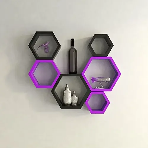 Hexagon Shape Set of 6 Floating Wall Shelves (Black & Purple)
