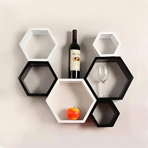 Hexagon Shape Set of 6 Floating Wall Shelves (Black & White)