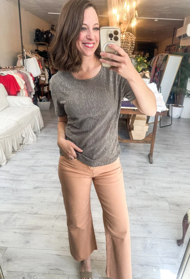 Mesh Lace Stretch Short Sleeve Blouse in Olive Khaki