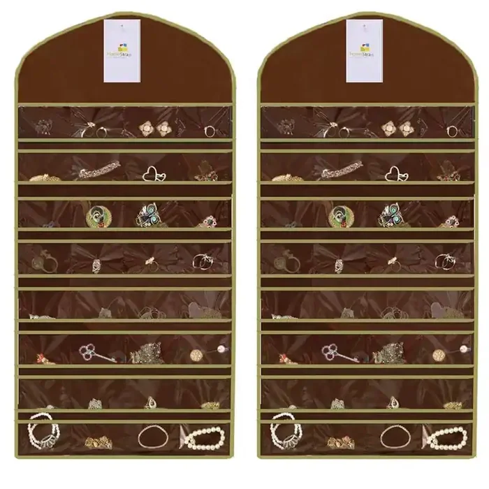 Homestrap Hanging Non-Woven Double Sided Jewellery Organizer 32 Pockets in Front and 18 Hook and Loops in Back (Without Hanger)(Brown Pack of 2)