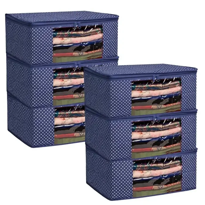 Homestrap Set of 6 Cotton Quilted Saree Covers 3-Layered Foldable Storage Bags with Transparent Window & Zip Premium Wardrobe Organizer for Sarees Lehengas Dresses Navy Blue