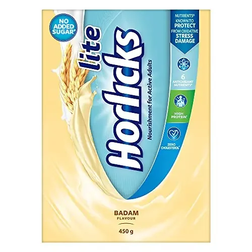 Horlicks Lite Badam Flavour Health & Nutrition Drink Powder For Adults 450g Refill Pack, High Protein & Nutrients For Immunity – No Added Sugar