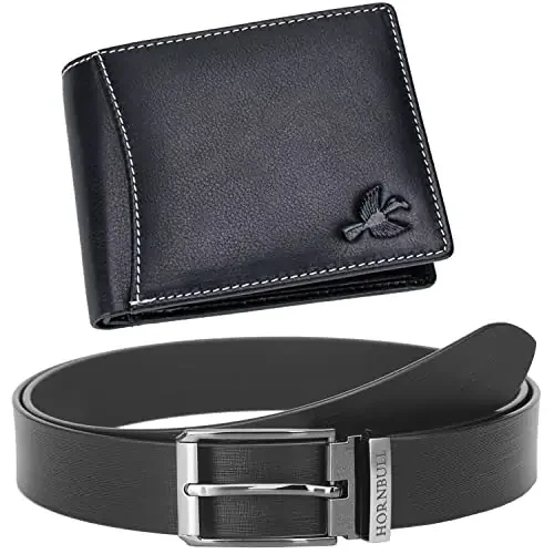Hornbull Gift Hamper for Men Black Wallet and Black Belt Mens Combo Gift Set Leather Wallets for Men Men‘s Wallet BWN10496