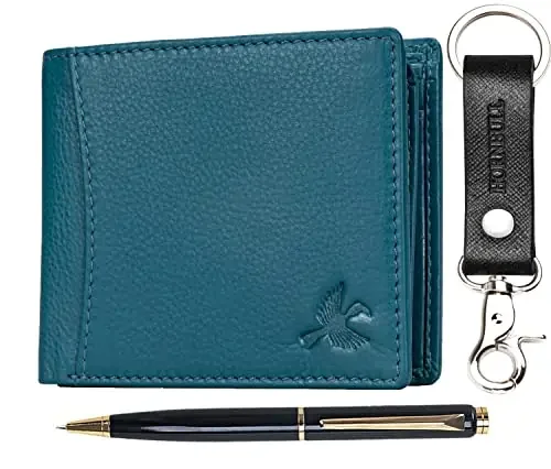 Hornbull Themes Mens Leather Wallet Keyring & Pen Combo Gift Set for Men Wallet Men Leather Branded Aqua Casual