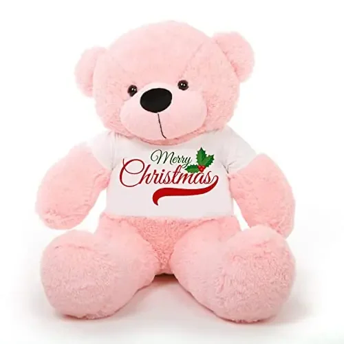 HUG ‘n‘ FEEL SOFT TOYS Big Teddy Bear 3 Feet Long Teddy Bear Wearing A Merry CHEISTMAS T-Shirt Plush & Stuffed Toys (Bear 91 cm) with Free Heart Shape Pillow Pink