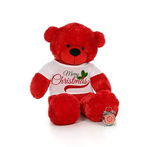 HUG ‘n‘ FEEL SOFT TOYS Big Teddy Bear 3 Feet Long Teddy Bear Wearing A Merry CHEISTMAS T-Shirt Teddy Bear Plush & Stuffed Toys (Bear 91 cm) with Free Heart Shape Pillow White