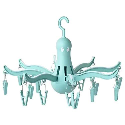 Ikea PRESSA Plastic Foldable Portable Hanging Dryer Octopus Shape Clothes Drying Hanger Rack with 16 Clips Hook Turquoise
