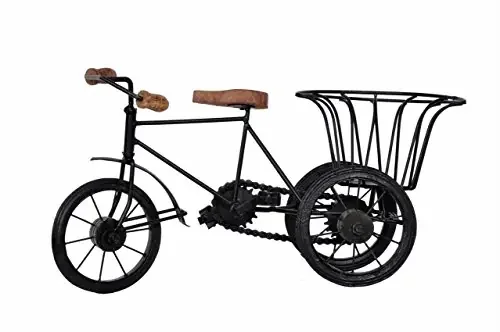 Iron Small Basket Cart for Flower Vase- Home Decorative Cycle Rickshaw Pot – Home Decor Elegant Gifts Item (17.78 cm x 27.94 cm x 10.16 cm Black)