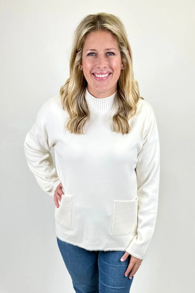 IVORY RIBBED NECKLINE POCKET SWEATER
