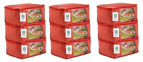 JaipurCrafts 9 Pieces Quilted Polka Dots Cotton Saree Cover Set Red (45 x 30 x 20 cm)