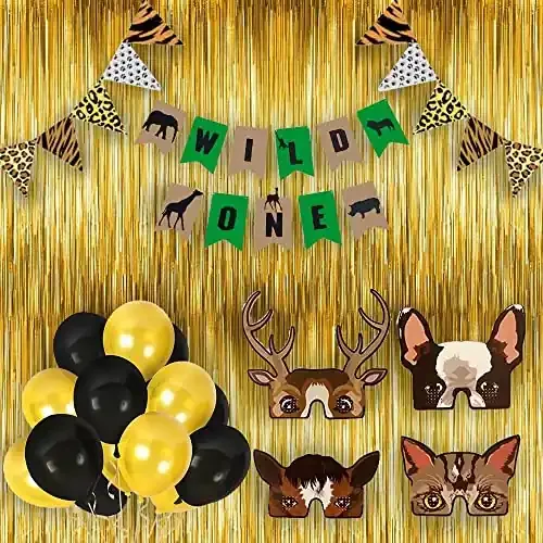 Jungle Theme Decoration Set with Banner Triangle Bunting Curtain Eye Mask and Latex Balloon for Kinds Birthday Party Decoration