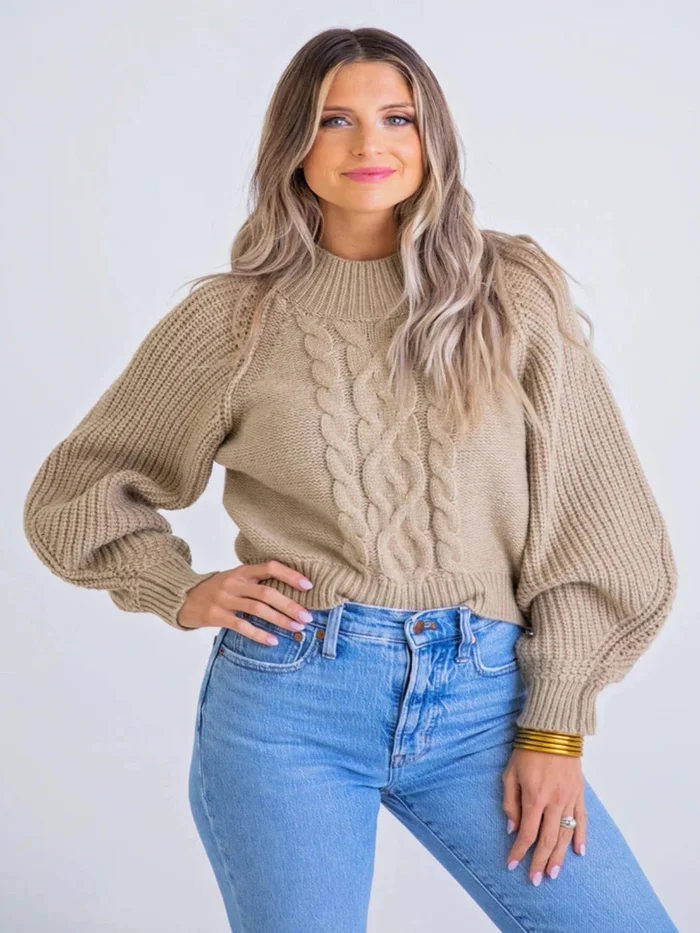 Karlie Cable Knit Mock Sweater – Oatmeal