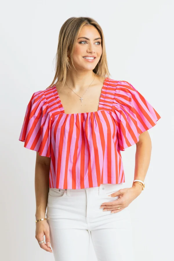 KARLIE: PINK & RED STRIPE SQUARE NECK TOP
