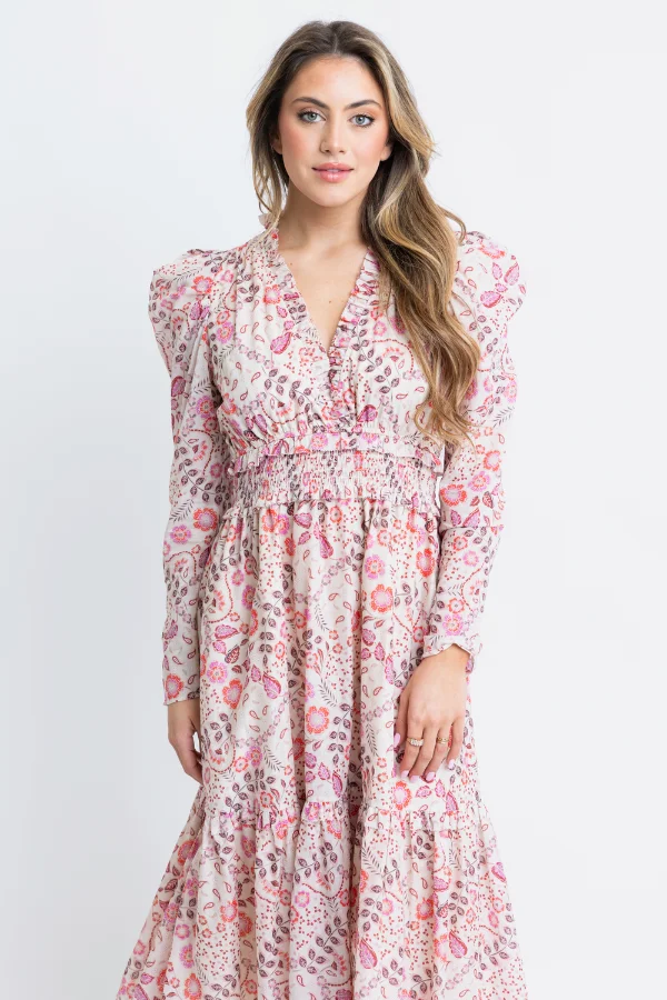 KARLIE: PINK FLORAL PARIS VNECK TIER MAXI DRESS
